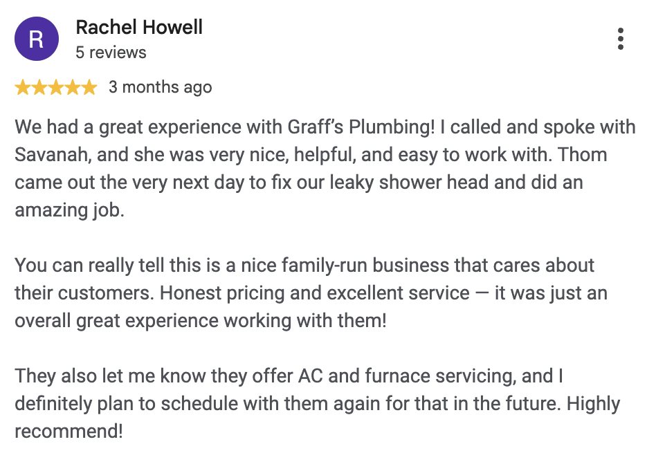 Five-star Google review from Rachel Howell