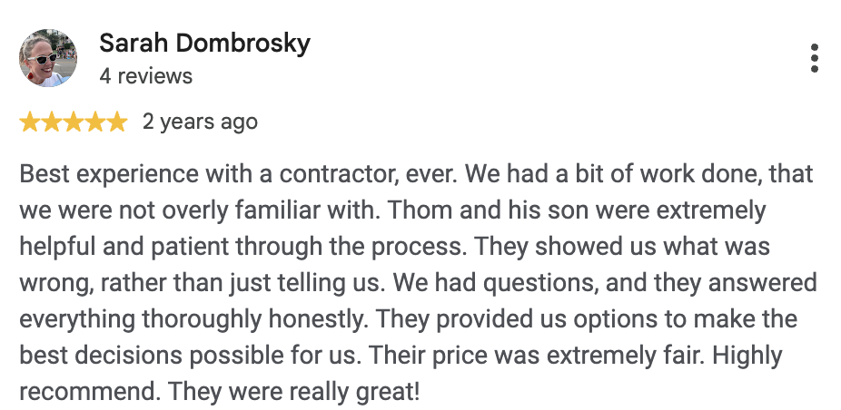 Five-star Google review from Sarah Dombrosky
