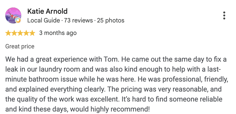 Five-star Google review from Katie Arnold