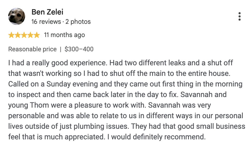 Five-star Google review from Ben Zelei