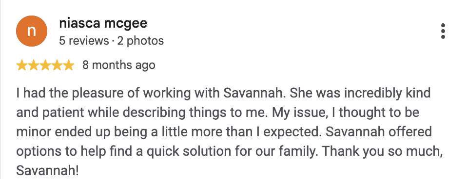 Five-star Google review from Niasca McGee