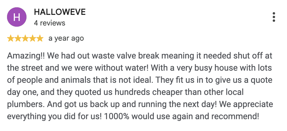Five-star Google review from HALLOWEVE